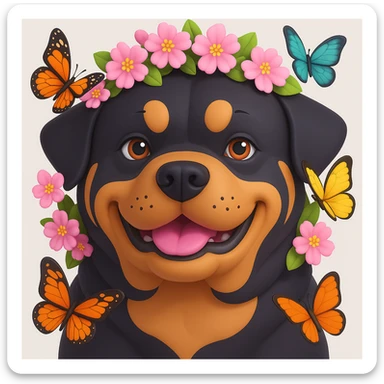 Add butterflies fluttering around the rottweiler with a cherry blossom flower crown, keep the original style and colors 3d-emoji style sticker