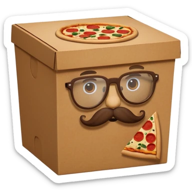 pizza take-out box with glassess and mustache sticker