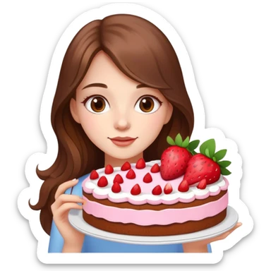 A beautiful girl with long brown hair and flowers holding a strawberry cake sticker