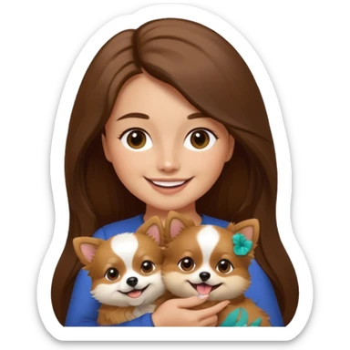 Create a high-quality emoji illustration of a woman with long brown hair, smiling, holding a small Pomeranian dog. The dog’s face is mostly black with a white line centered from the nose to the mouth. Minimalist emoji style, smooth lines, bright but natural colors.” sticker