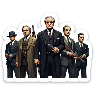 A vintage movie poster-style design featuring Don Vito Corleone surrounded by gangsters with Tommy guns. Include a dark, moody noir atmosphere with skyscrapers of New York in the background. The scene should be tense and mysterious, with a retro cinematic feel. Transparent background. sticker