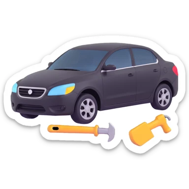 icon of a car with a visible dent from a crash and dent repair tools like a lever and small hammer sticker