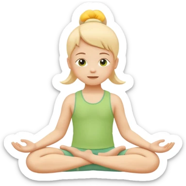 Flat illustration emoji of a small child practicing yoga, simple pose, calm and happy expression, soft pastel colors (yellow, green, soft orange), rounded shapes, minimal details, child-friendly, gentle and warm style, vector illustration, no background, cohesive style with kindergarten branding sticker
