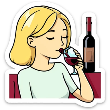 Blonde woman drinking out of a bottle of wine labeled “New Age” sticker