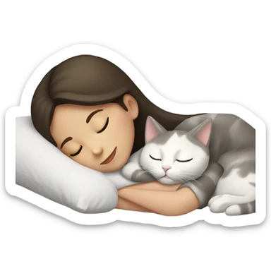 Brunette girl  sleeping with grey white  cat  sticker