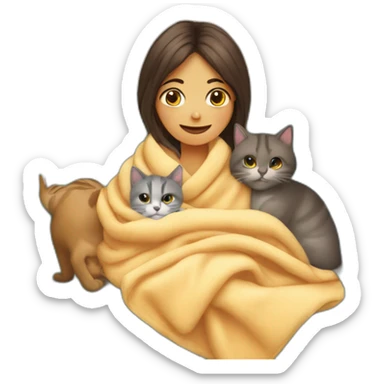 a girl wrapped up in a blanket on the sofa with two cats next to her sticker