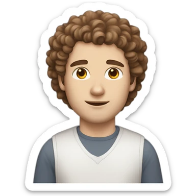 White man with brown curly hair, brown eyes, thick eyebrows, sharp jawline, bigger nose holding white and grey Ragdoll cat sticker