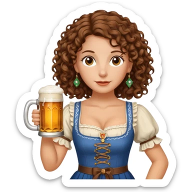 A white woman with brown, shoulder-length curly hair and brown eyes she is wearing a dirndl and holding a beer stein sticker