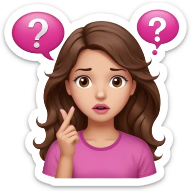girl with long wavy brown hair, brown eyes, light to medium complexion, in a pink shirt, pink lips, long lashes, confused, question mark speech bubble sticker