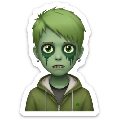 boy zombie with light brown emo hair and green skin and earpods emoji sticker