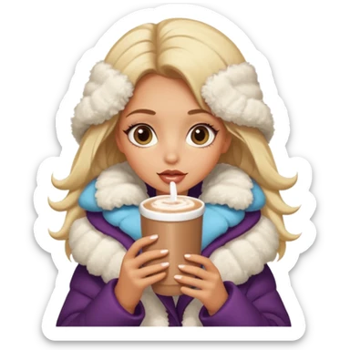 Tanned Girl with lashes , blonde hair, in an extremely big fluffy oversized coat and hold hot chocolate drink and big eyes like dog, big lip sticker
