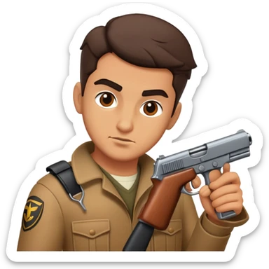 Vito Scaletta holds a gun sticker