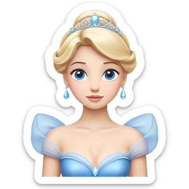 Cinematic Elegant Cinderella Portrait Emoji, rendered in a flat, vector-style with minimal shading and bold, simplified shapes. Depict Cinderella in her classic ball gown (chest and above) with fair, porcelain skin and elegantly styled blonde hair, her eyes soft and kind, and her expression serene and graceful. The design glows with a gentle, enchanting radiance and high shine, capturing the timeless beauty of a fairy tale princess. sticker