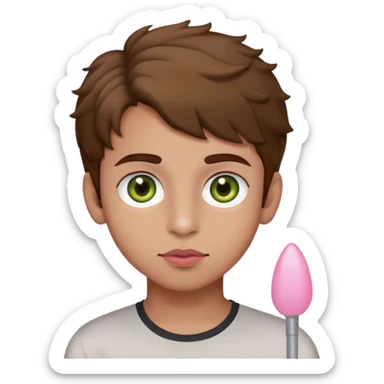 Pakistani boy  with hazel green eyes, brown hair slightly curly, and olive to light skin, and pink lips sticker