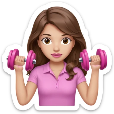 girl with wavy long brown hair, brown eyes, light to medium complexion, long lashes, light pink lipstick, wearing light pink shirt, lifting a pink dumbells sticker