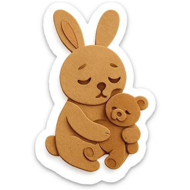 flawless, highly detailed, high quality paper craft style illustration of a caramel-colored bunny holding a teddy bear, eyes drooping, perfect proportions, no imperfections, intricate textures, soft lighting, delicate cut-paper details sticker