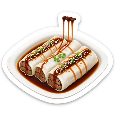 Beef rice noodle roll Ngau Yuk Cheung Fun with dark sauce drizzled on top, simplified emoji style with bold outlines and bright colors, cartoon style Cantonese street food sticker