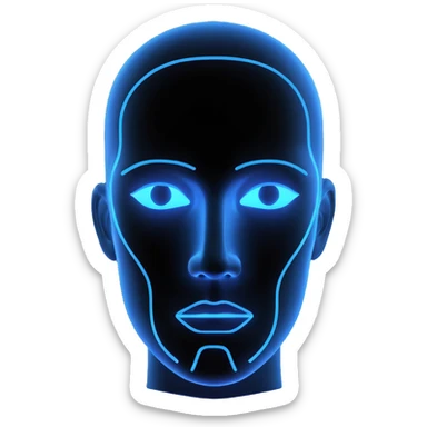 Minimalist futuristic AI avatar — clean glowing outline of a humanoid face, half-abstract with light reflections. sticker