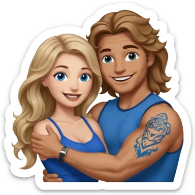 Women with blue eyes and very long, brown blond balayage curled hair in the arms of a man with strong arms a straight face, a very sexy man blue eyes and tattoos on his arm. They are laughing  sticker