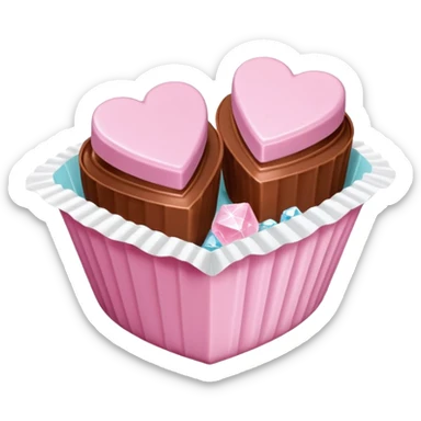 Two square milk chocolate pralines , sharp-edged glossy cubes placed diagonally side by side, each sitting in a small white fluted paper candy cup.
Flat thin pastel pink heart icing centered on top with fine sugar crystal sparkle, clean studio product lighting,  sticker
