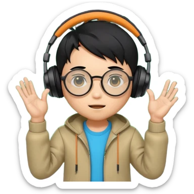 Chibi Japanese boy with black hair and round glasses, big headphones, vibing hard to electronic music, strong beat pulse lines around him, neon glow, exaggerated cartoon style, streaming emote. sticker