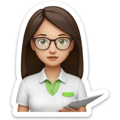 architect woman light skinned dark brown hair in WHITE POLO touch of light green, long hair but then wearing proper architeture attire with plates on the backgrounf sticker