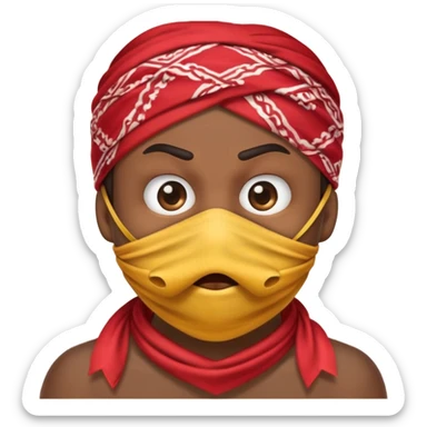 "An emoji with a bandana covering its mouth, slightly angry eyes, and making the silence gesture sticker