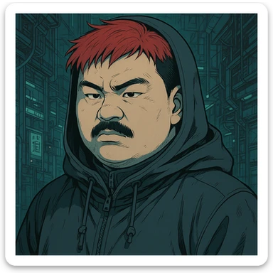 Asian man with a round face, black mustache, red hair, black hoodie, Japanese manga style inspired by Ghost in the Shell, more anime-like features, cyberpunk atmosphere, detailed linework, subtle color accents sticker