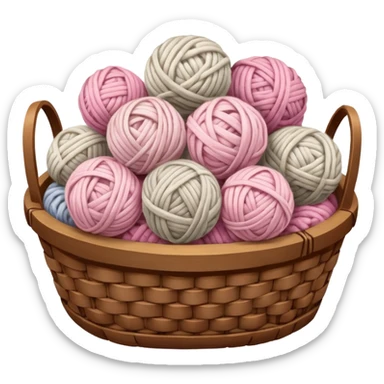 detailed, hyperrealism, still life beautiful ball of chunky white to light pink color wool, placed in realistic vintage wooden basket, with other types of wool, to knit a blanket. Transparent background  sticker