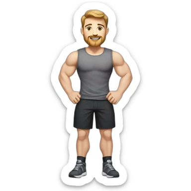 Full height Pale skinned fit man With biceps, Realistic eyes and mouth, light brown hair and stubble In dark gray sleeveless mike, black oversize sports shorts, watch and white sneakers. sticker
