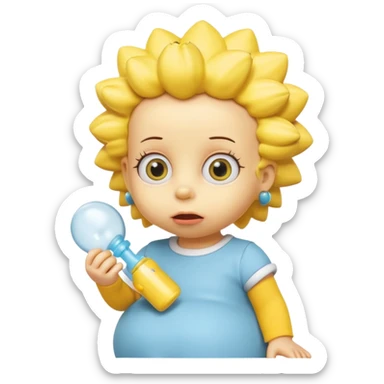 A 3D cartoon baby character fully yellow skin, styled like Maggie Simpson, with pacifier, big eyes, smooth shading, Memoji-style rendering, consistent with other yellow Simpsons characters. sticker