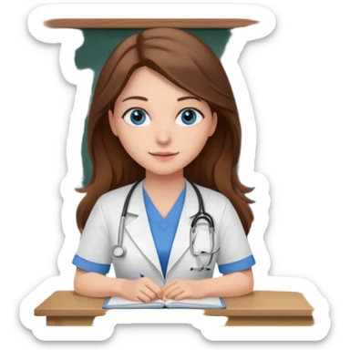 university classroom that says nursing school on the blackboard with a pretty female nursing student with long brown hair, blue eyes sticker