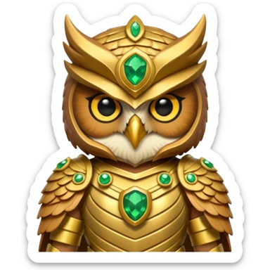owl warrior wearing golden armor embedded with emerald jewels sticker