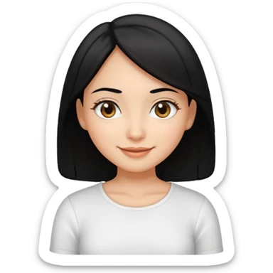 A girl who has black hair,dark brown eyes(almond shape),medium skin wearing a white top smiling sticker
