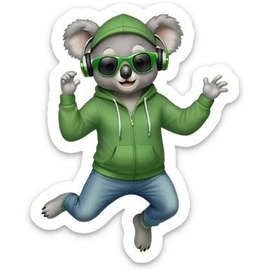 anthropomorphised koala, full body, wearing a hoodie and jeans, dark sunglasses, headphones, dressed for St. Patrick's Day, jumping in a different pose sticker