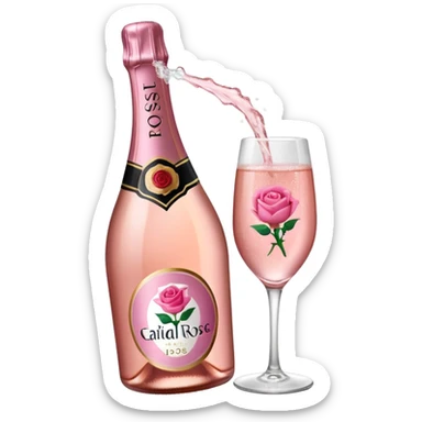 bottle of sparkling rose champagne tilted up and to the right, with a rose logo sticker