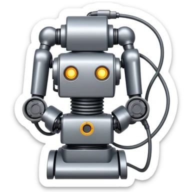 Industrial robot with exposed wiring and heavy metal plating sticker