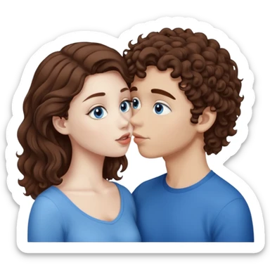 A girl with white skin and straight brown hair, kissing a boy with brown hair with curls, white skin and blue eyes sticker