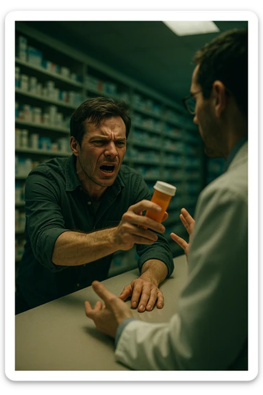 Cinematic Frustrated man at pharmacy counter demanding immediate pain relief medication, expression of impatience wanting instant symptom elimination, ignoring pharmacist's questions about underlying causes, grabbing prescription bottle eagerly, symptom suppression taking priority over healing, modern medicine aisle promising quick fixes for complex health problems" in italiano sticker