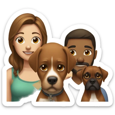 a girl with brown hair, a man with short buzz brown hair with a beard, sitting, with two brown boxer dogs sticker