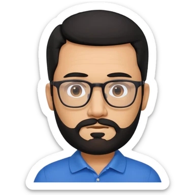 A tanned 50year old bearded man with black hair wearing glasses and a blue polo sticker