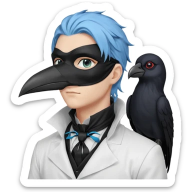 Handsome sexy adult anime man with light-blue hair and a black bird beak mask that covers whole face, black face mask, black mouth mask, black feathers draped over shoulder, wearing a white lab coat, long thin hair tendrils on the sides, with a mechanical raven sidekick, blue cravat, red eyes sticker