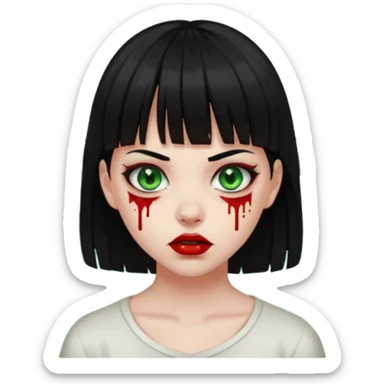 Guria com cabelo preto franjinha sangrando olhos verdes  fundo preto e um piercing bridgepiercing sticker