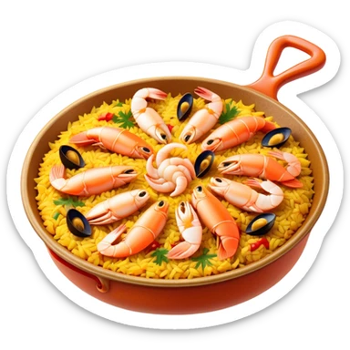 Cinematic Realistic Paella Dish Emoji, depicted as a vibrant, aromatic rice dish loaded with seafood, chicken, and saffron rendered with rich textures and dynamic, warm lighting. sticker