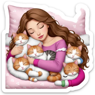 girl with long wavy brown hair, brown eyes, long lashes makeup, sexy pink lips, light to medium complexion,  sleeping on a cozy pillow, with 6 cats: 1 brown and white tabby cat, 1 ginger and white, 2 grey and white, 1 grey has white mittens and small white patch on its chest and 1 calico, sleeping sticker