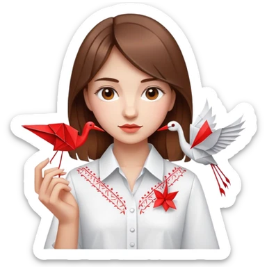 Ukrainian young girl with brown hair wearing a white embroidered shirt holds an origami red crane sticker