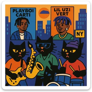black cats as a funky music gang in New York with Playboi Carti and Lil Uzi Vert in the background sticker