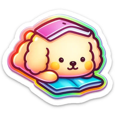 Transform the image into a WhatsApp sticker style with the cute dog holding a book on its head. Remove the background completely and add a white border around the dog for a sticker effect. sticker
