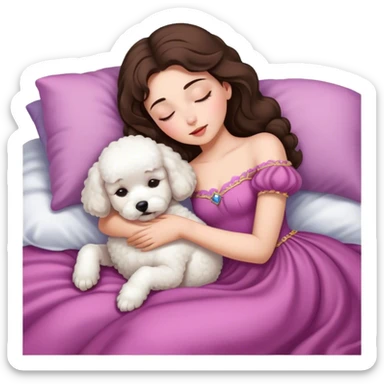 brunette Sleeping beauty girl with bichon frise dog sticker