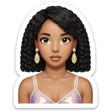 Kelly Rowland with black hair, ivory sequin crop top, ivory earring sticker